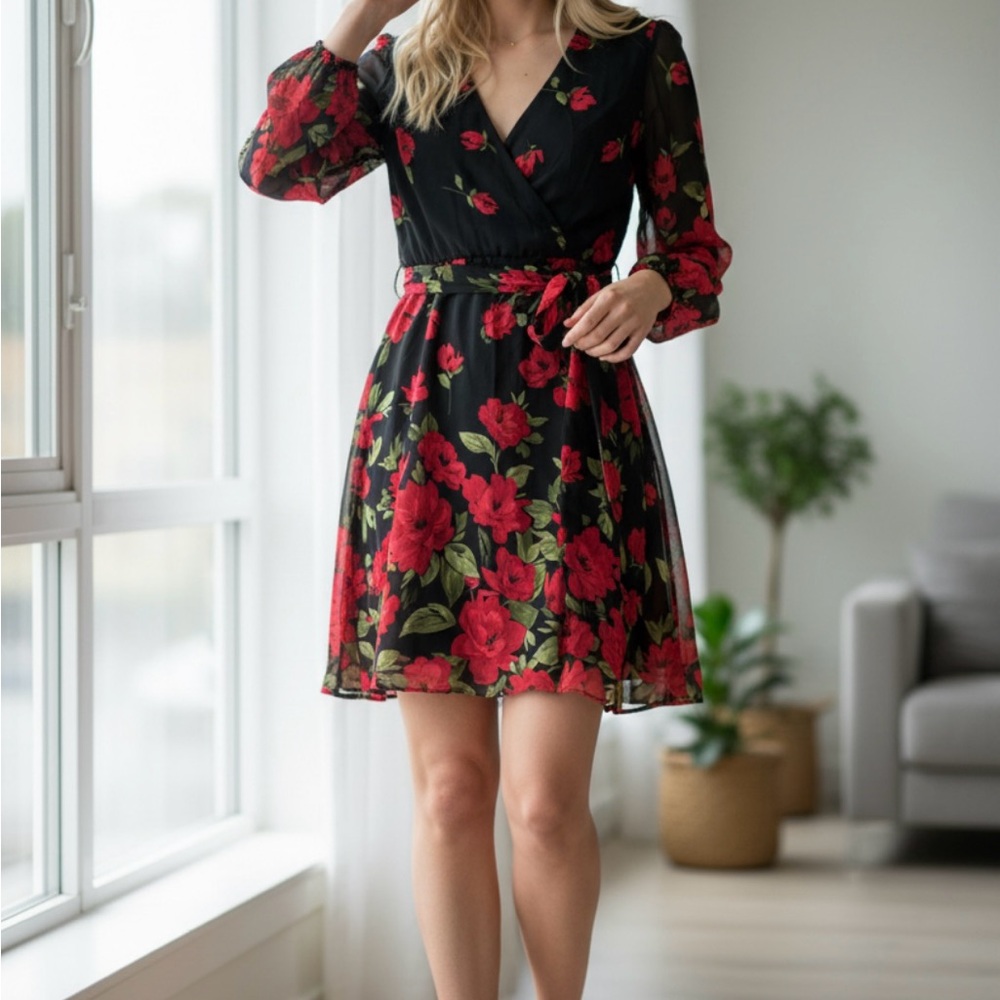 Premier Black and Red Floral Long Sleeve Dress